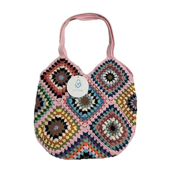 Street Level Handbags - Womens Street Level Boho Crocheted Lined Handbag Granny Square Tote Multi NWT